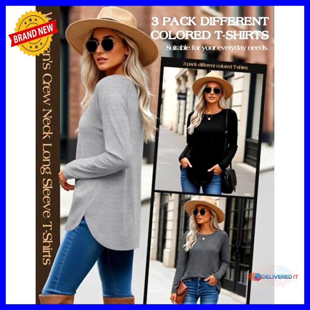 3 Pack Long Sleeve T-Shirts, Raglan Sleeve, Loose Fit, Side Split Hem - Picture 3 of 7